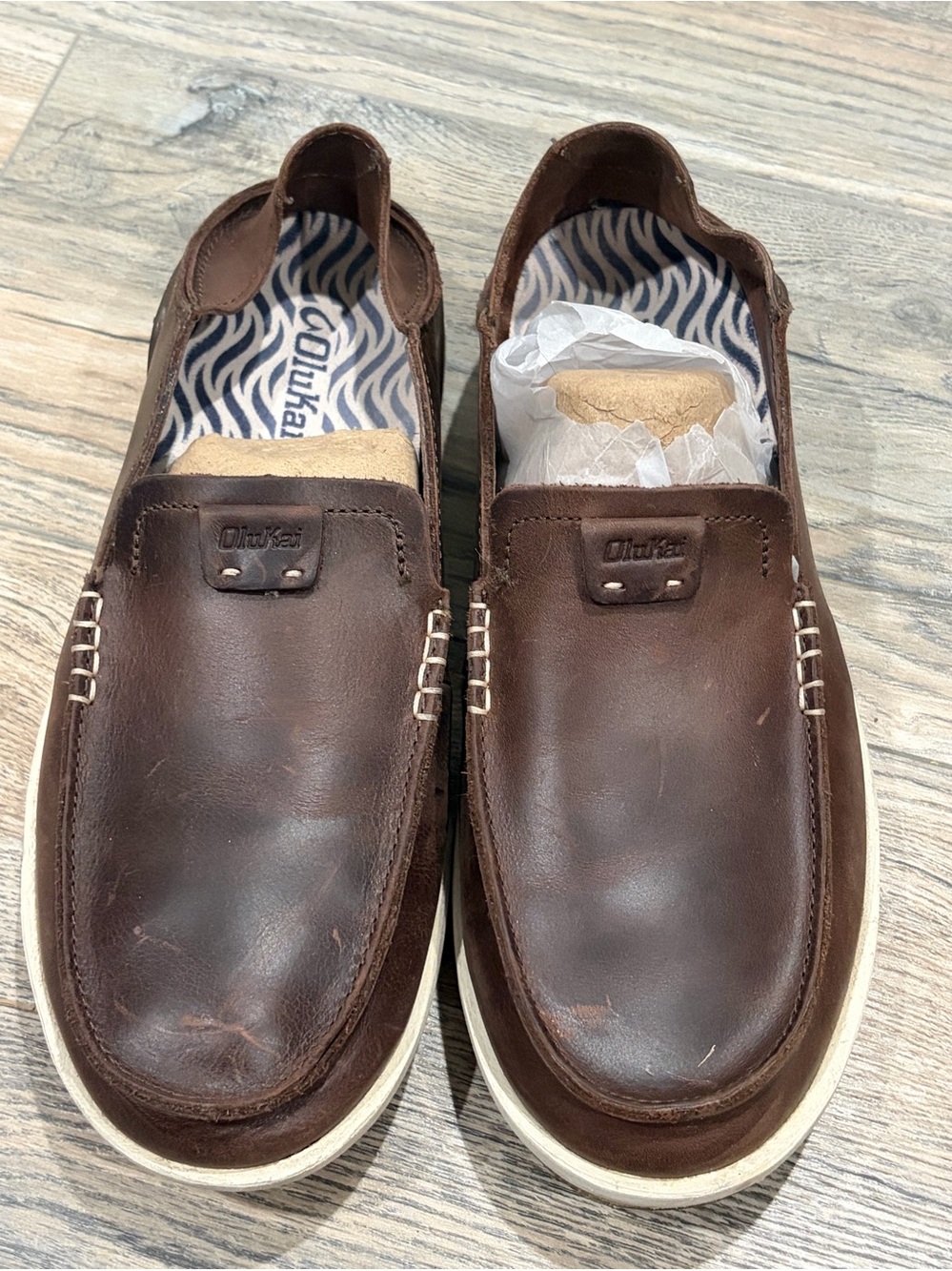 OluKai Men’s Dark Brown Leather Slip-On Loafers with White Sole